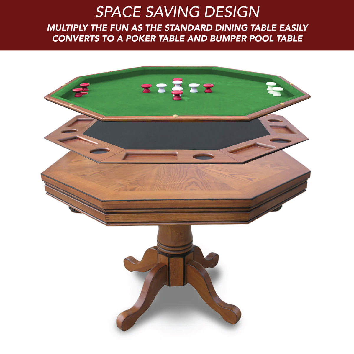 Hathaway Kingston Poker Table Set, Oak - three layers exploded: bumper pool, poker top and dining top