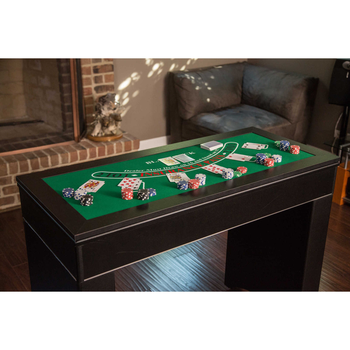 Hathaway Monte Carlo Casino Table - blackjack layout dealt out with chips and cards in a den