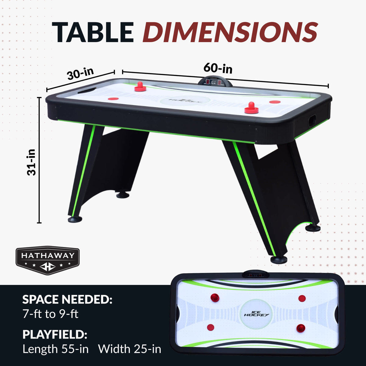 Hathaway Voyager Air Hockey Table - 60 x 30 x 31 in; 55 x 25 in playfield, 7-9 ft space needed