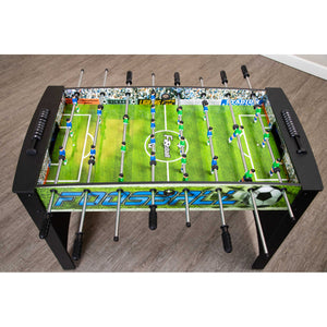 Hathaway Playoff Foosball Table - playfield from above showing both teams and the crowd graphic