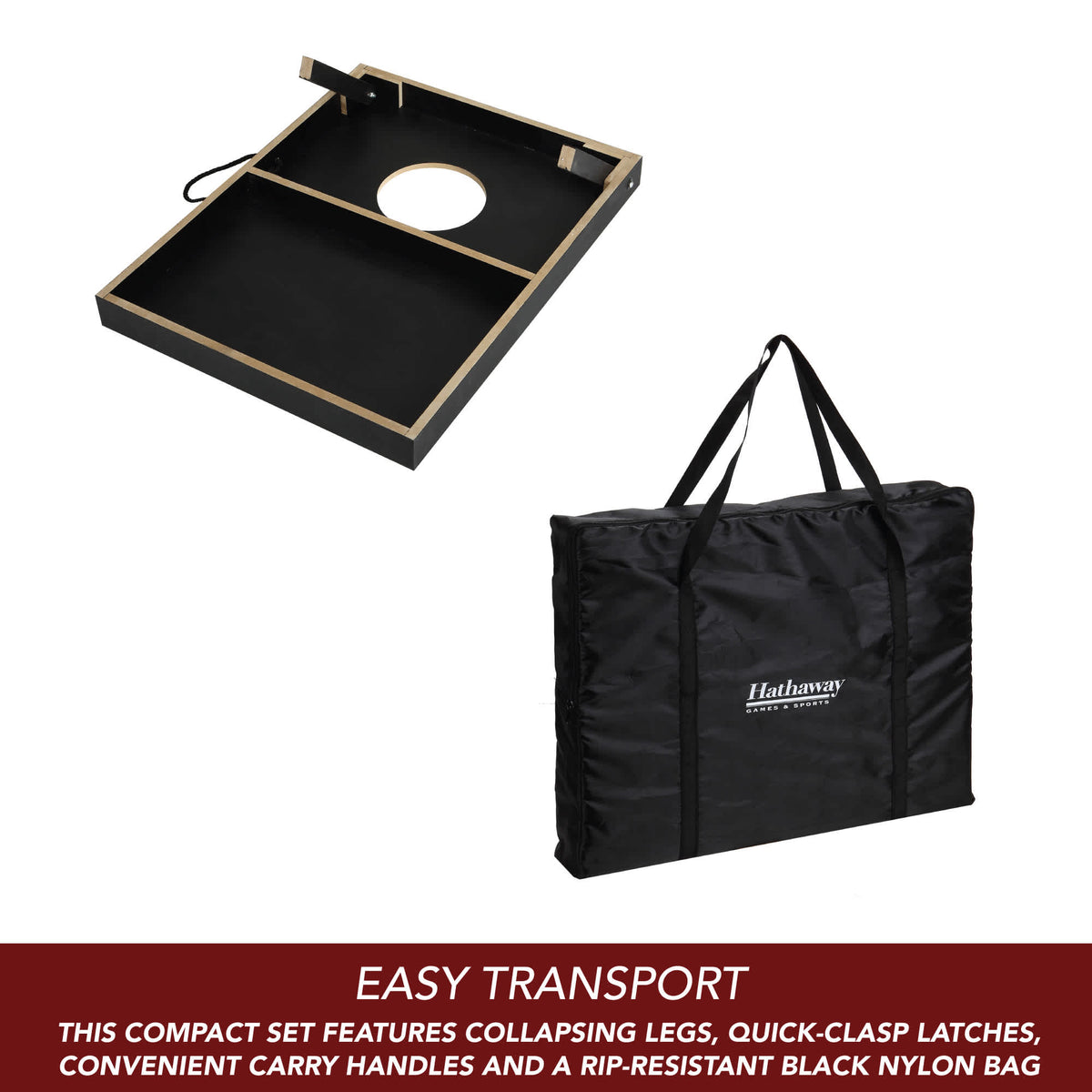 Hathaway Compact Cornhole Set - collapsing legs and quick-clasp latches with the nylon carry bag
