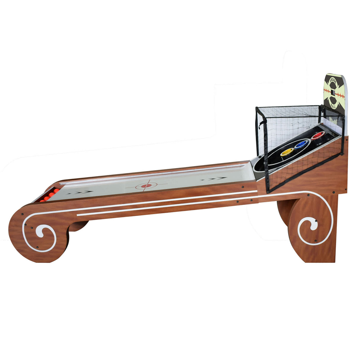 Hathaway Boardwalk Roll Hop and Score Table - full lane from the side with the LED scoring backboard