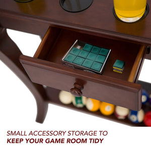 Hathaway Deluxe Floor Cue Rack, Walnut - drawer open with billiard chalk stored inside