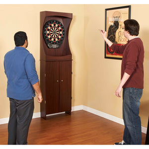 Hathaway Outlaw Dartboard Cabinet - two players throwing at the cabinet in a corner of a room