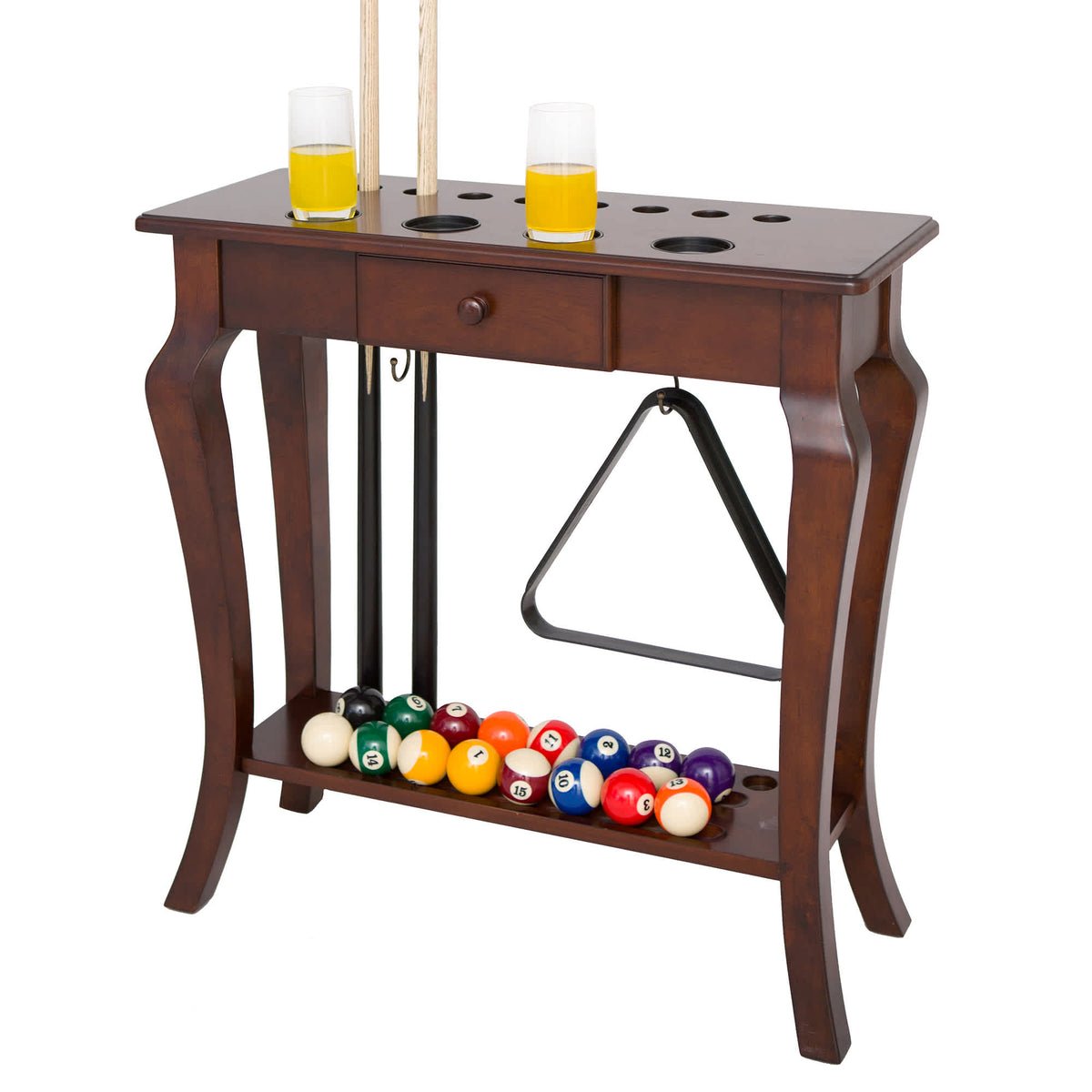Hathaway Deluxe Floor Cue Rack, Walnut - rack loaded with cues, triangle, ball set and drinks