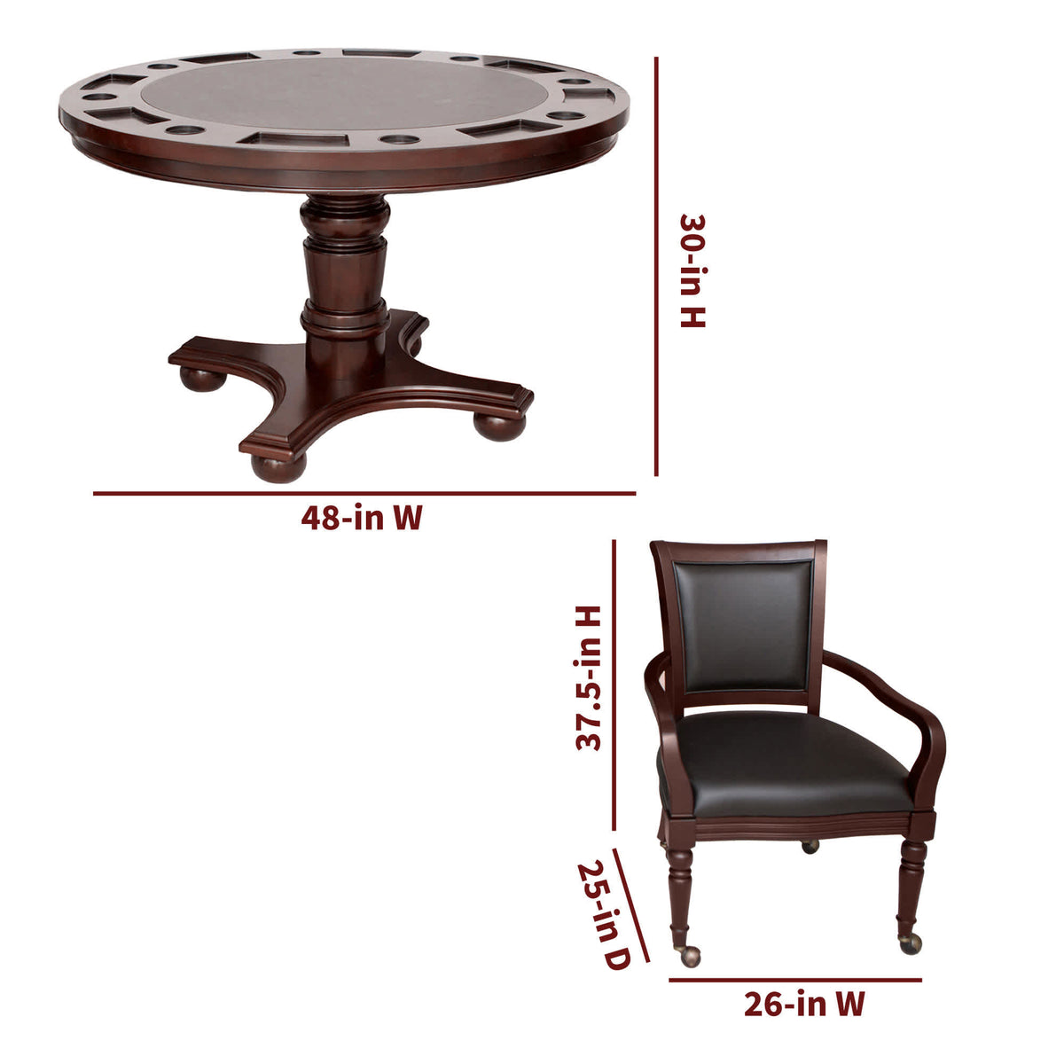 Hathaway Bridgeport 48-in Poker Table and Dining Top with 4 Arm Chairs - Walnut Finish — dimension and specification diagram