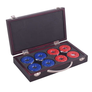 Hathaway Shuffleboard Pucks - case open with all eight red and blue pucks in their recesses