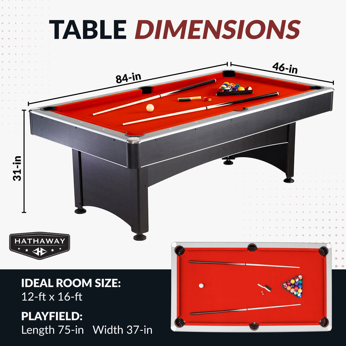 Hathaway Maverick 7-ft Pool Table with Table Tennis Top - Black with Red Felt Game Room — dimension and specification diagram