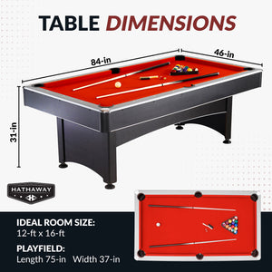 Hathaway Maverick 7-ft Pool Table with Table Tennis Top - Black with Red Felt Game Room — dimension and specification diagram