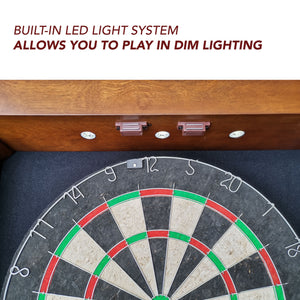 Hathaway Farmington Dartboard Cabinet - built-in LED lamps mounted above the board inside the case