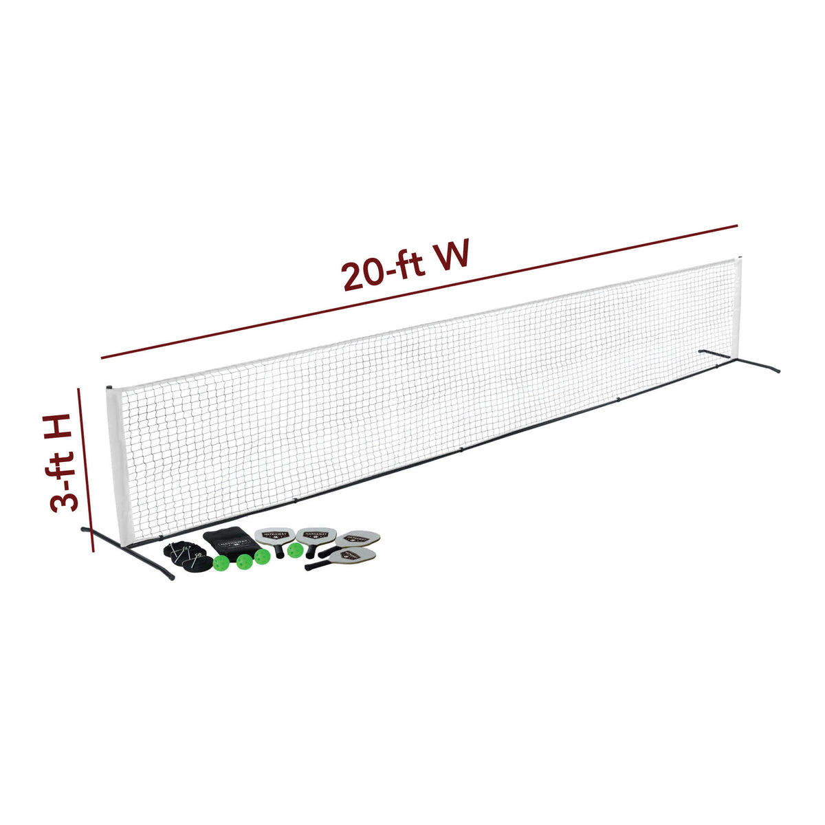 Hathaway Deluxe Pickleball Set - regulation net measuring 20 ft wide by 3 ft high