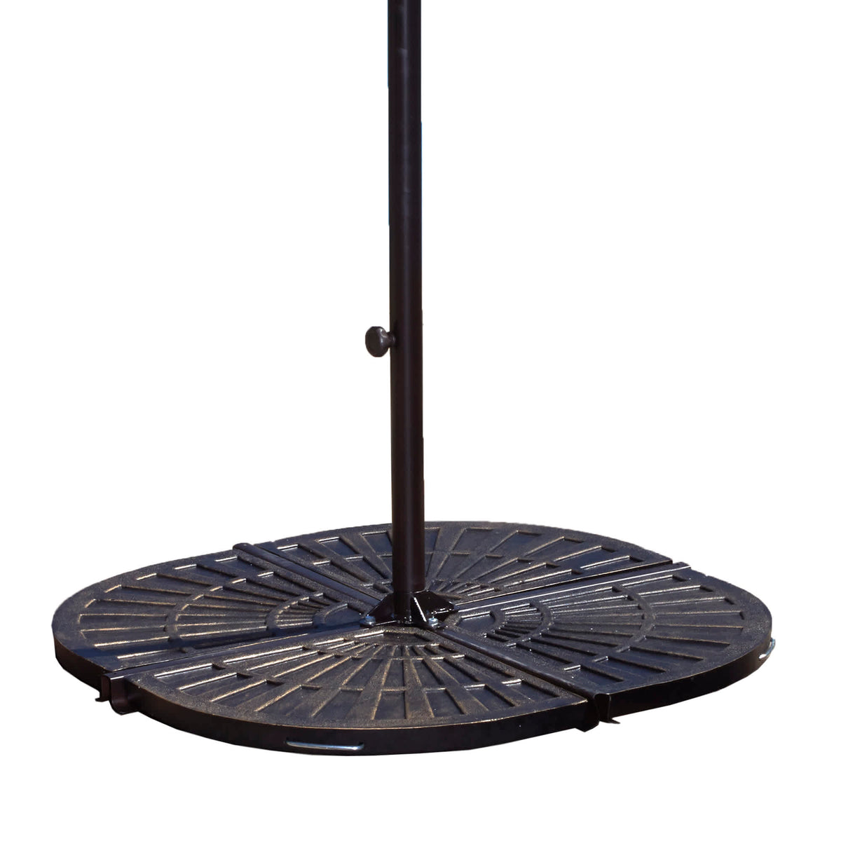 Island Umbrella Base Weights - the four fan sections assembled around a cross-arm pole