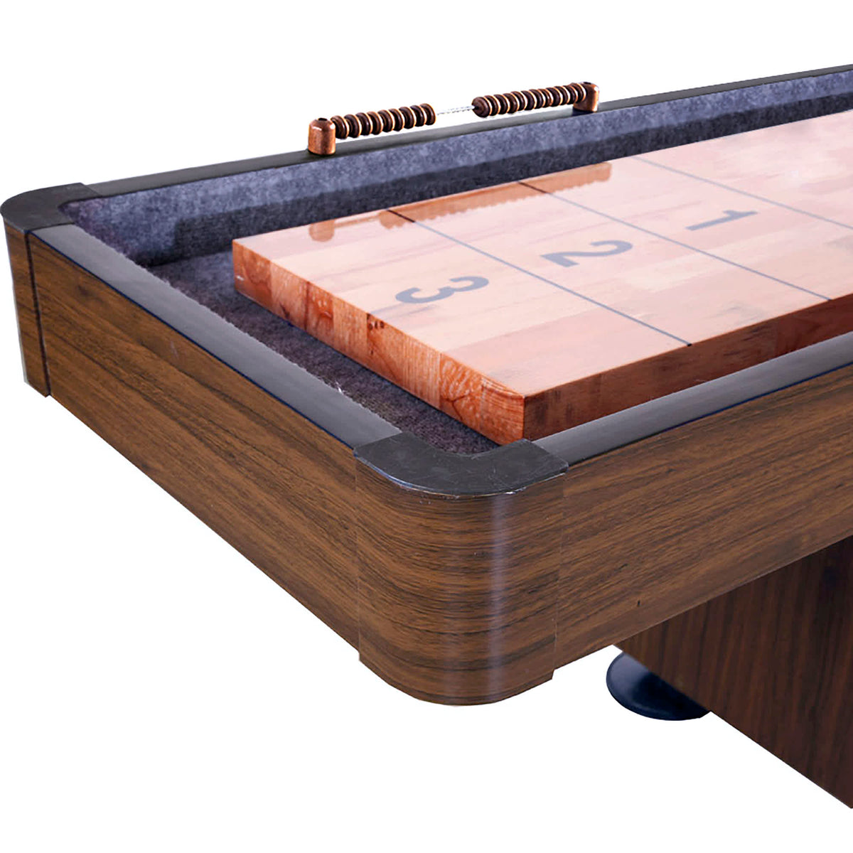 Hathaway Challenger Shuffleboard, Walnut - corner of the cradle with the abacus scorer above