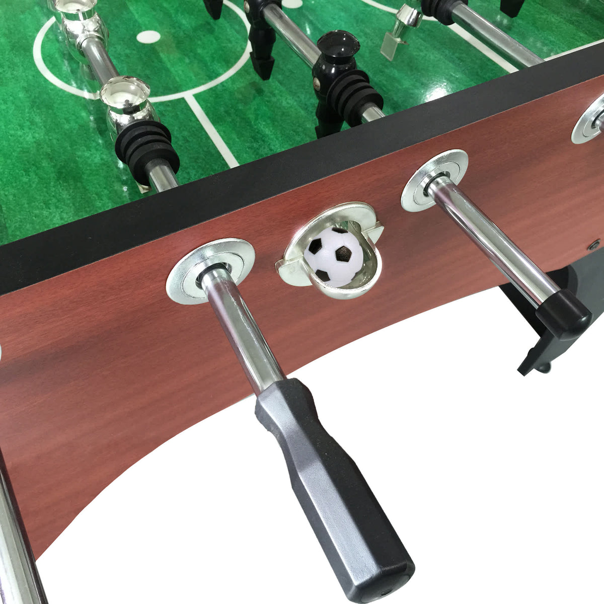 Hathaway Metropolitan Foosball Table - chrome serve cup with a soccer ball in the cabinet side