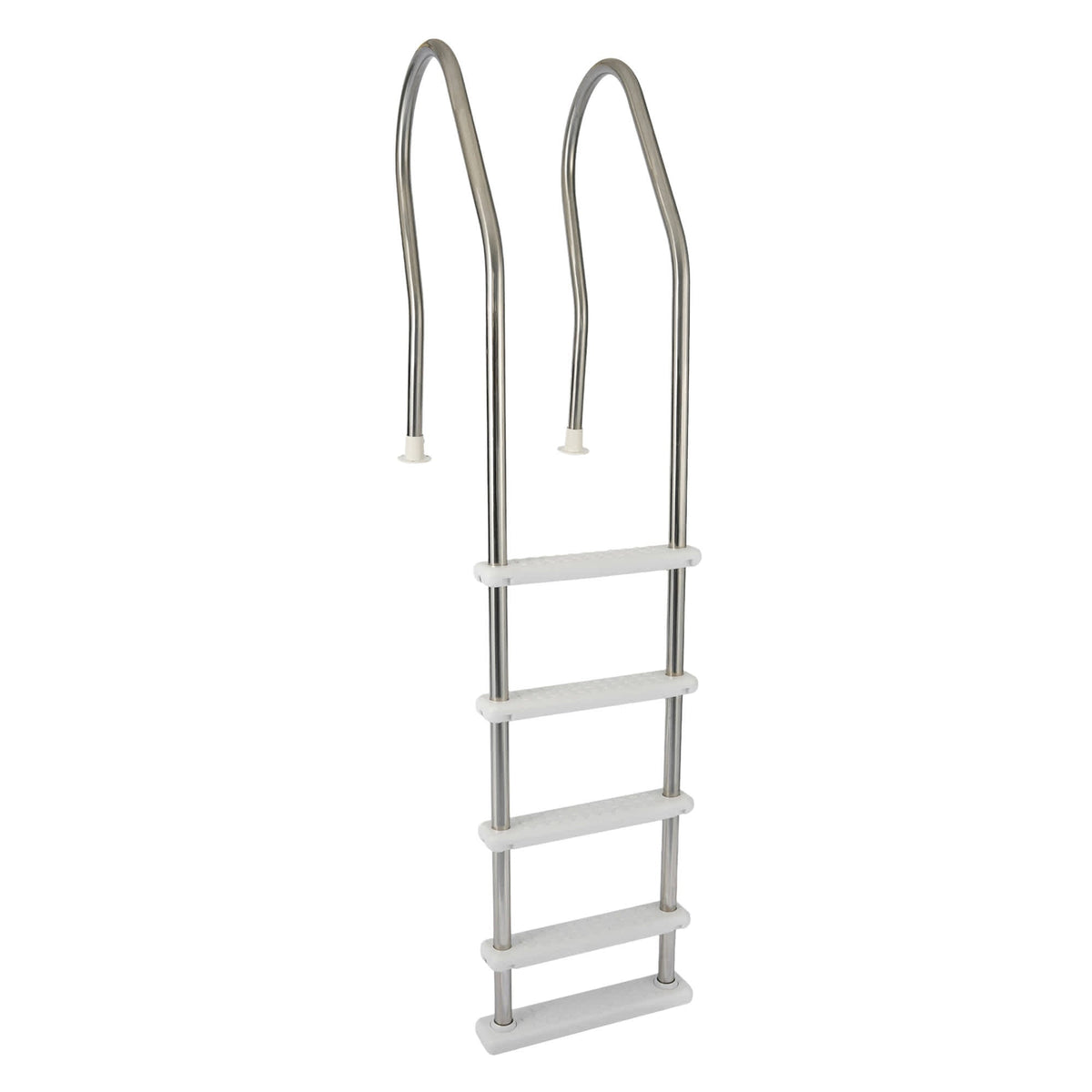 Blue Wave Stainless Reverse Bend In-Pool Ladder - full ladder on white showing five treads and deck flanges