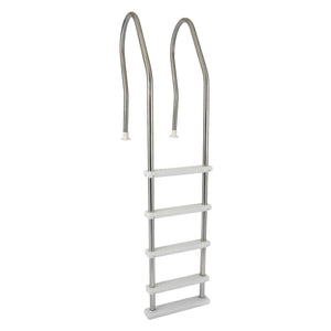 Blue Wave Stainless Reverse Bend In-Pool Ladder - full ladder on white showing five treads and deck flanges