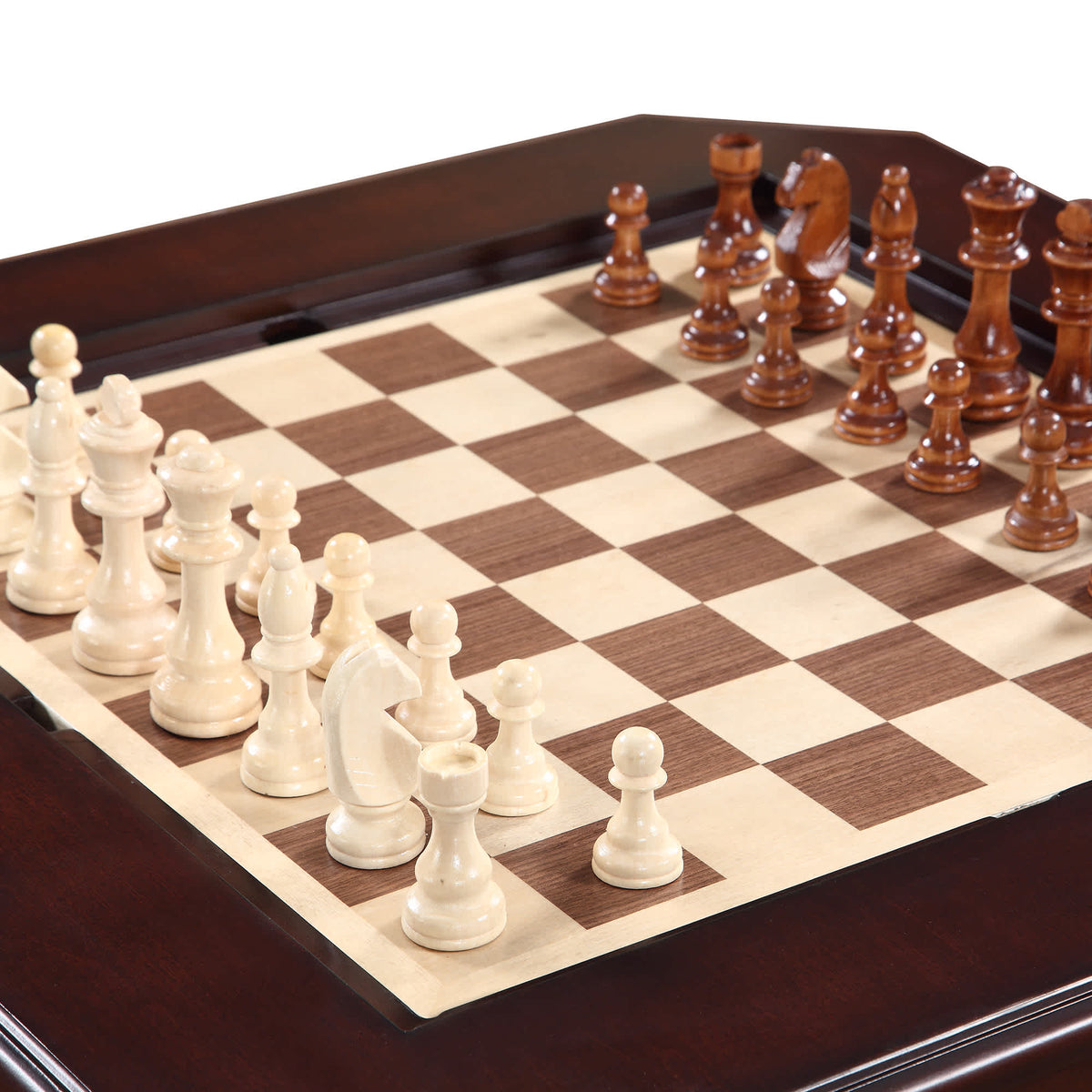 Hathaway Fortress Pedestal Game Table - chess board inlay set up with the full piece set