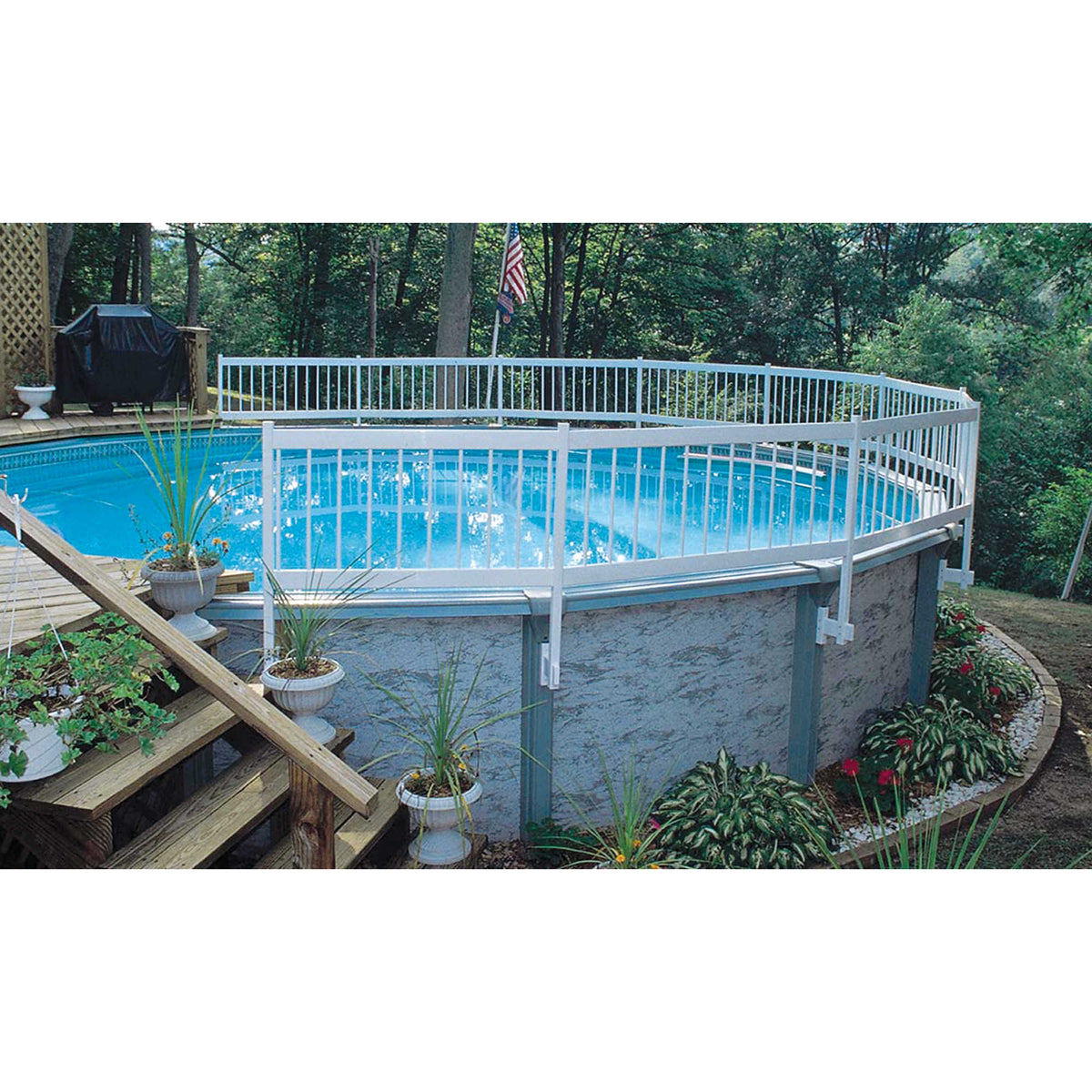 Blue Wave Above Ground Pool Fence Kit, White - fence fitted to a round above-ground pool beside a deck