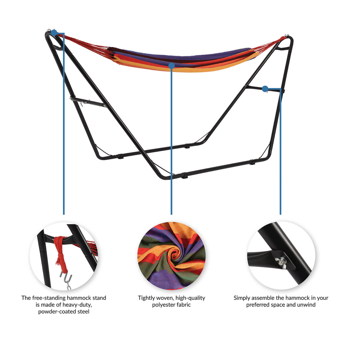 Island Retreat Tropical Hammock and Frame - powder-coated steel stand and woven polyester bed