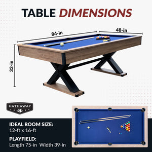 Hathaway Excalibur 7-ft Pool Table - Driftwood Finish with Blue Felt Game Room Table — dimension and specification diagram