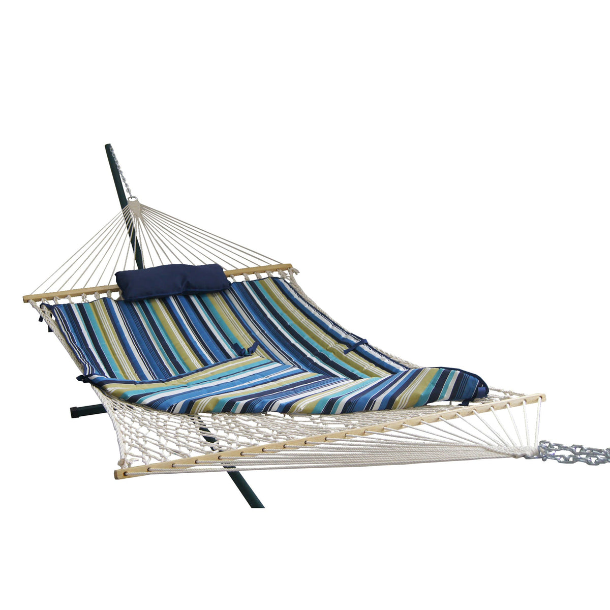 Island Retreat Hammock Set - Tuscan blue striped pad and navy pillow on the rope hammock