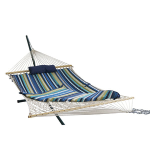 Island Retreat Hammock Set - Tuscan blue striped pad and navy pillow on the rope hammock