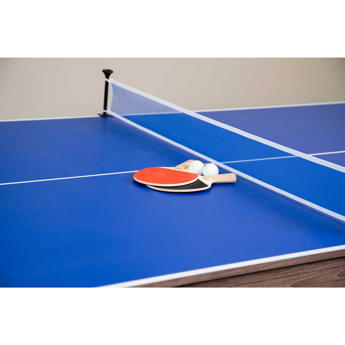 Hathaway Driftwood Air Hockey Combo Set - table tennis top fitted, with bats and balls in play