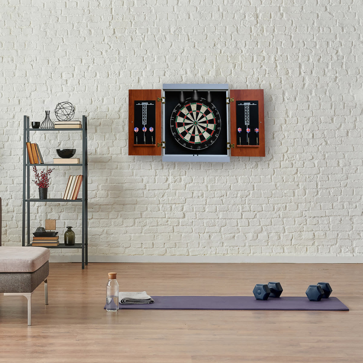 Hathaway Geneva Dartboard Cabinet - cabinet open on a white brick wall in a home gym