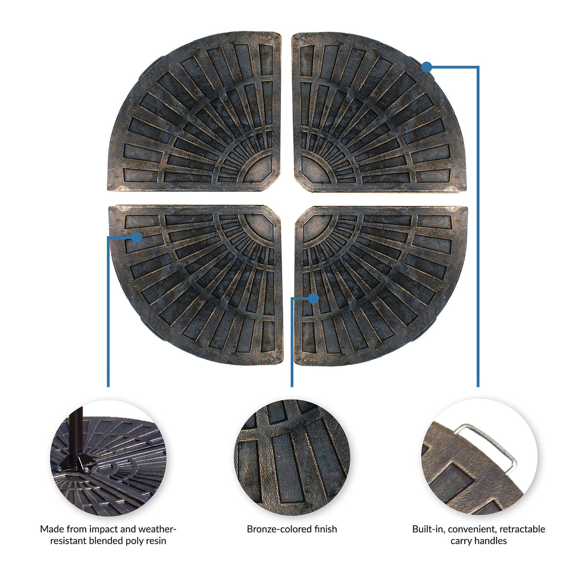 Island Umbrella Base Weights - four poly resin fan sections in bronze with retractable carry handles