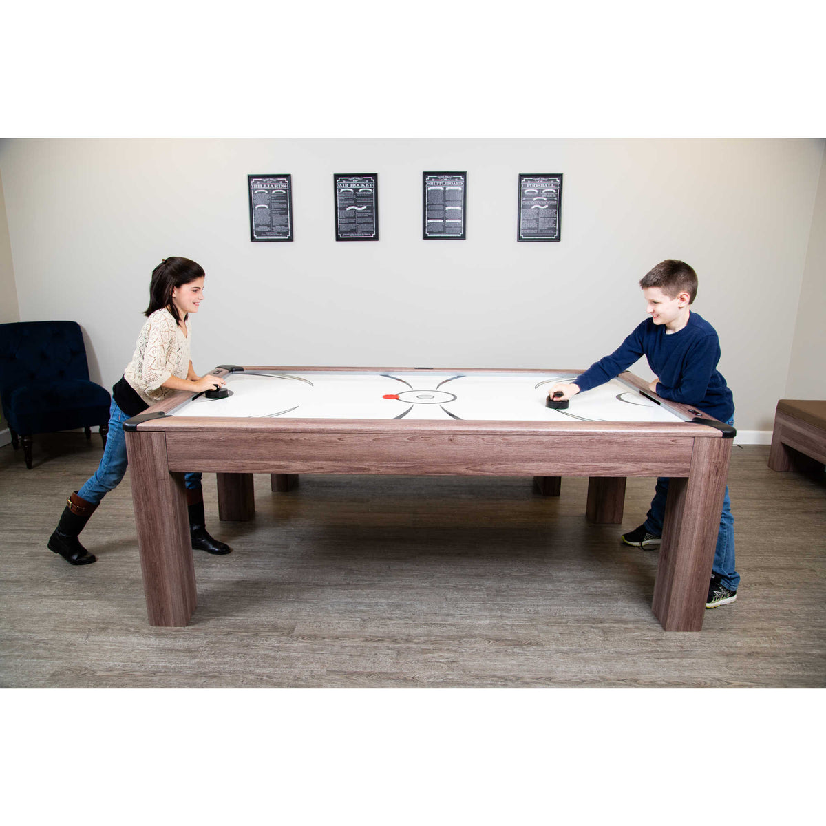 Hathaway Driftwood 7-ft Air Hockey Table Combo Set with Benches Game Room Table — shown in use