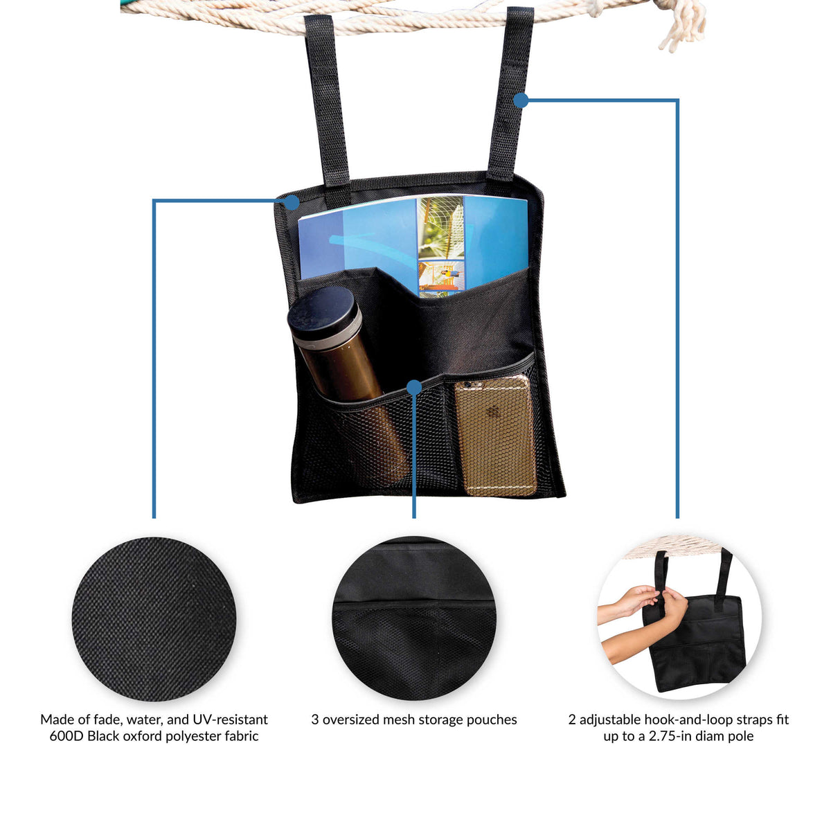Island Umbrella Hammock Organizer - 600D oxford polyester with three mesh pouches, loaded