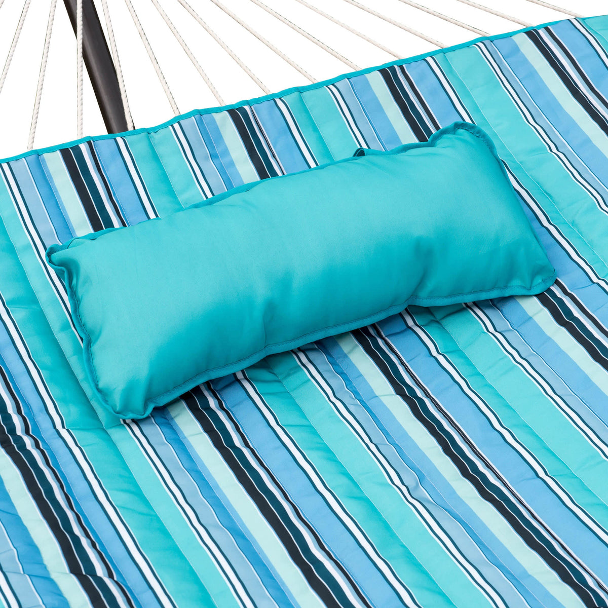 Island Retreat Hammock Pillow and Pad Set - turquoise bolster pillow resting on the quilted pad