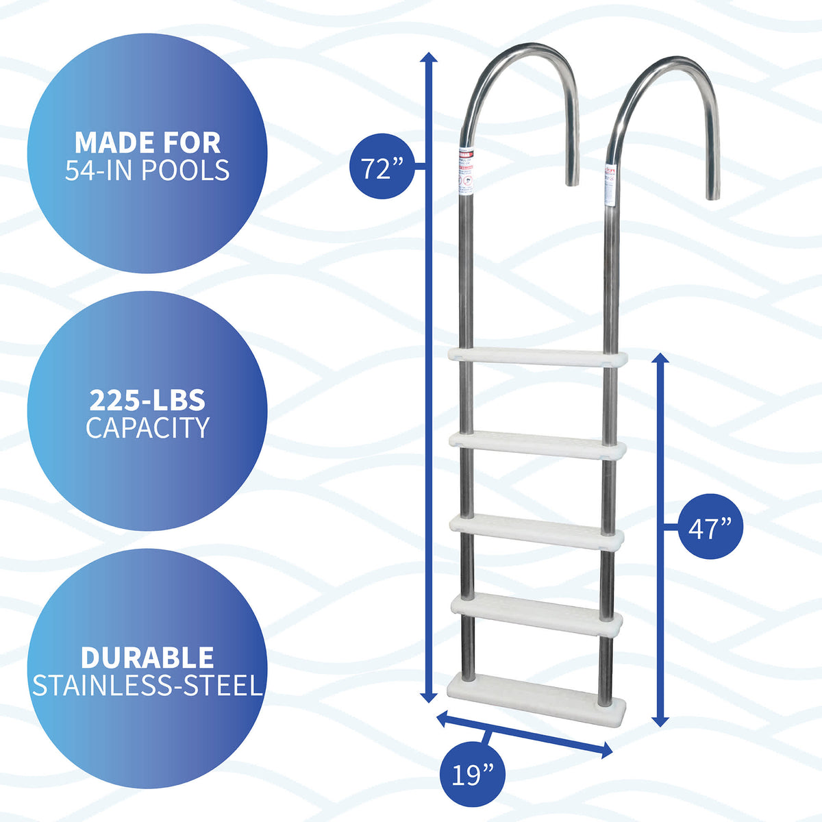 Blue Wave Standard Stainless In-Pool Ladder - 72 in high, 47 in tread drop, 19 in base; 54-in pools