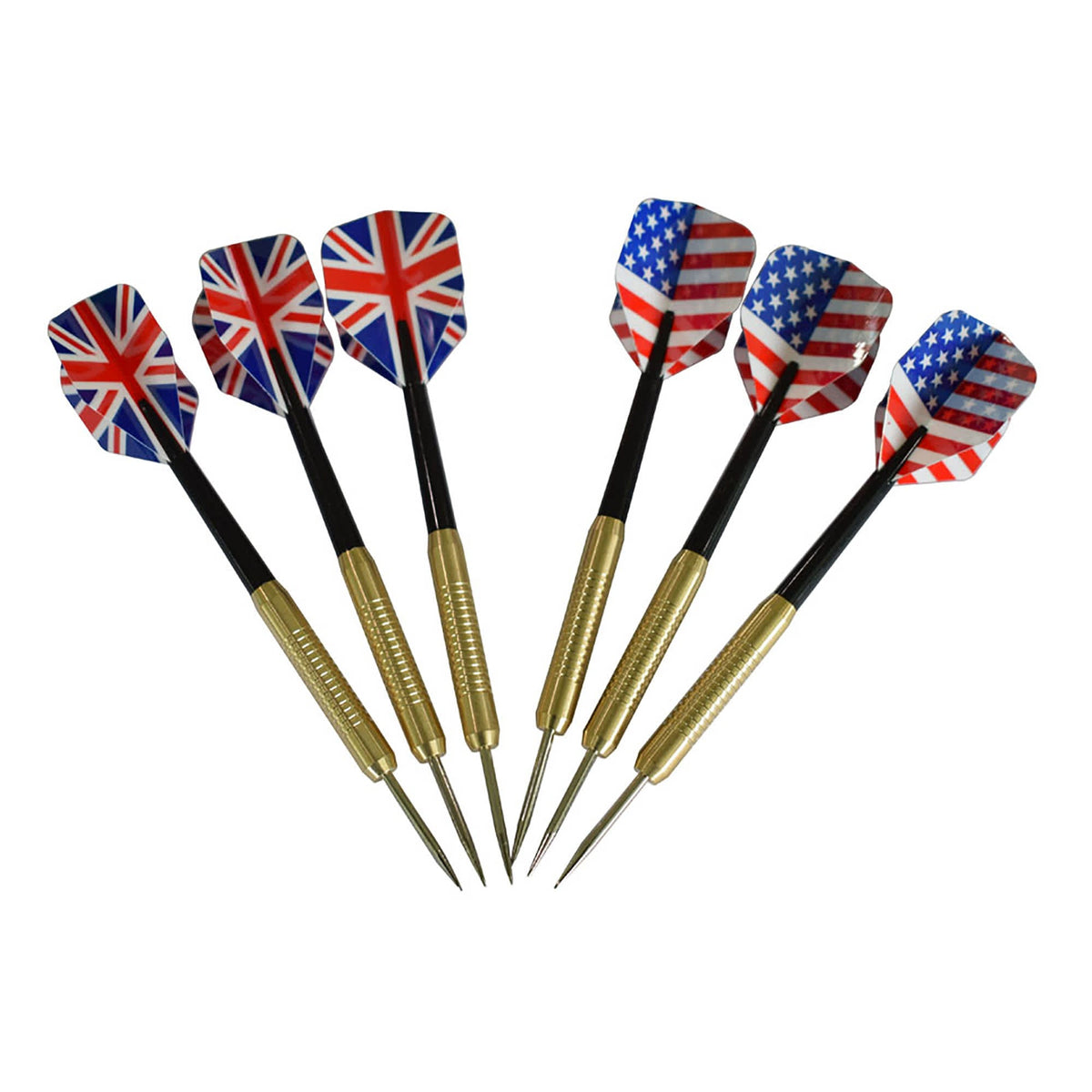 Hathaway Winners Choice Bristle Dartboard - the six darts supplied, Union Jack and US flag flights