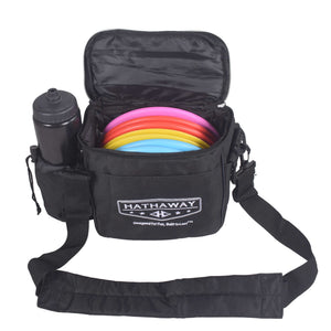 Hathaway Deluxe Golf Disc Set - shoulder bag open with the six discs stacked inside