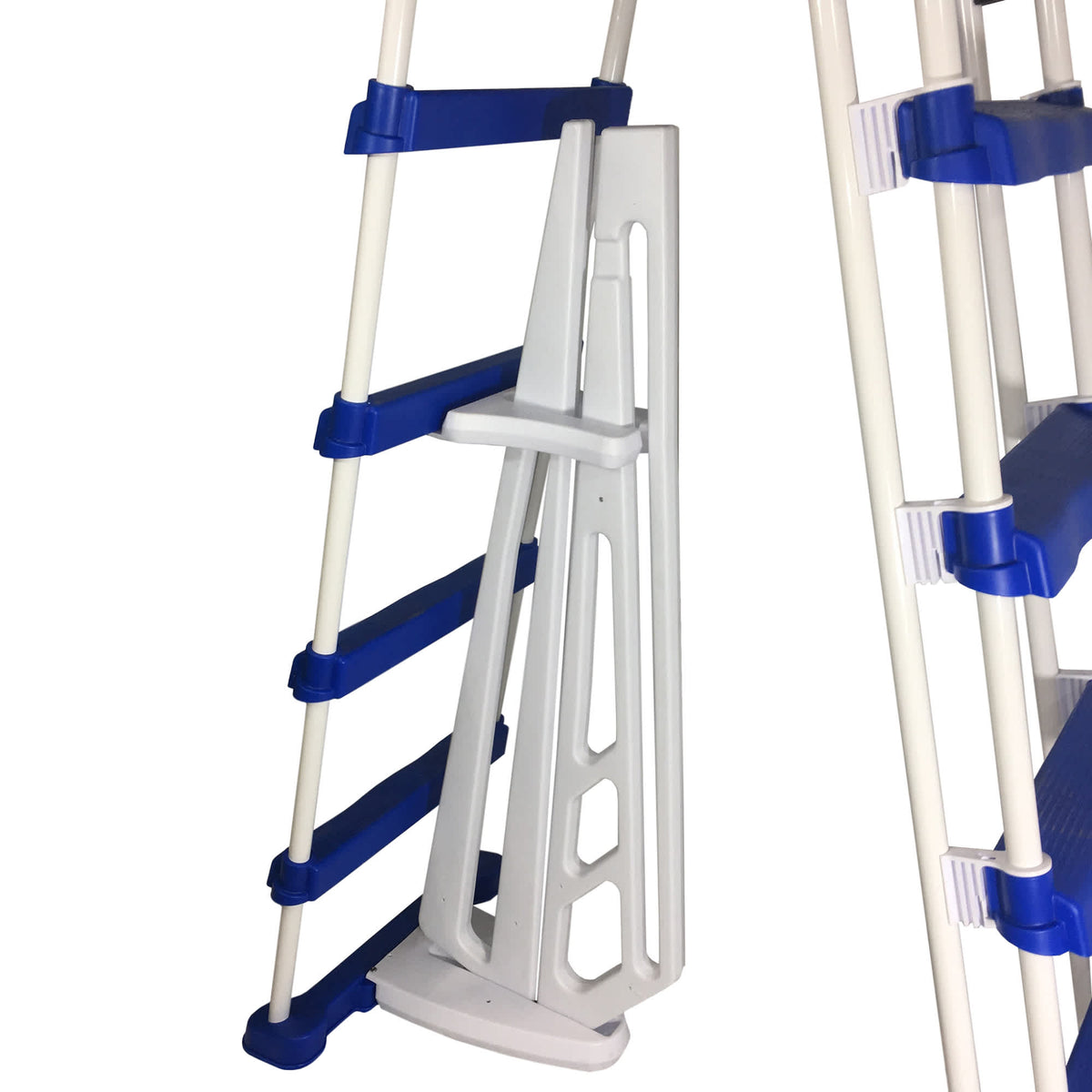 Blue Wave 52-in A-Frame Ladder - barrier panel and step mounting clamps in close-up