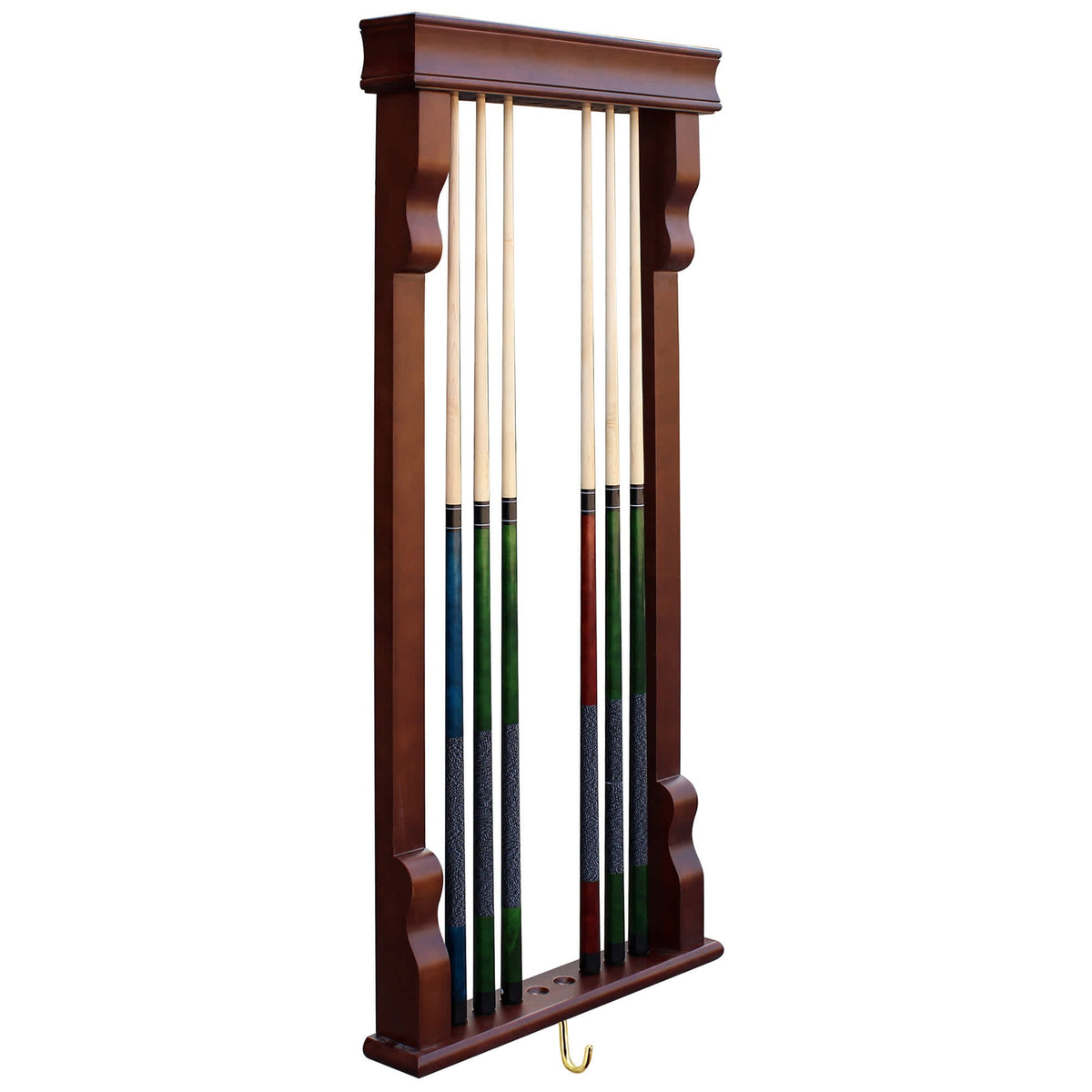 Hathaway Vintage Wall Cue Rack - front elevation with six cues clipped into the upper rail
