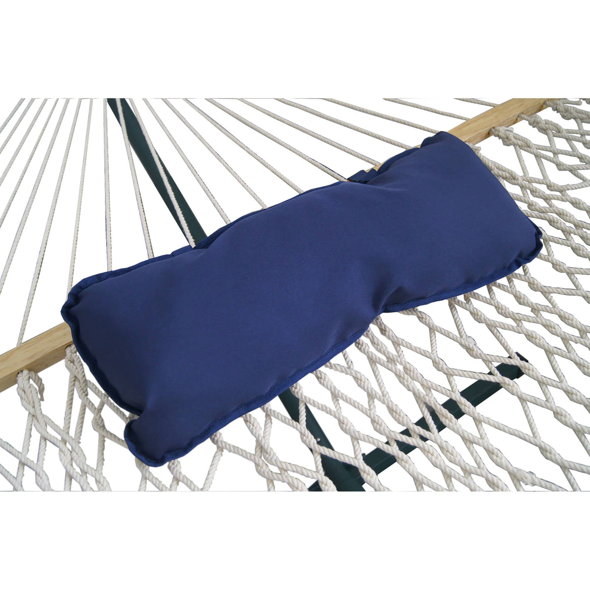 Island Retreat Hammock Set - navy bolster pillow lying across the woven rope bed
