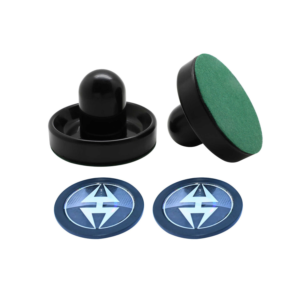 Hathaway Dorsett Air Hockey Table - two strikers with green felt bases and two printed pucks