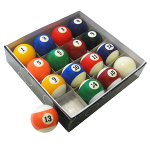 Hathaway Billiard Ball Set - full numbered set in its tray with the 13 ball set in front