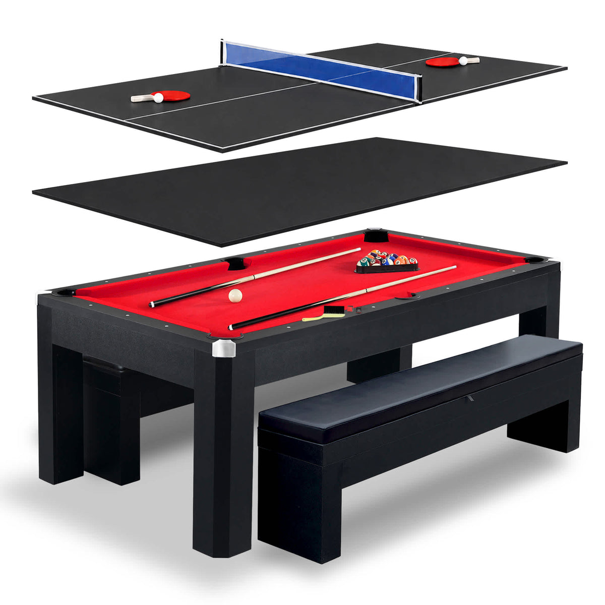 Hathaway Park Avenue 7-ft Pool Table Combo Set with Benches - Black with Red Felt Game Room Table