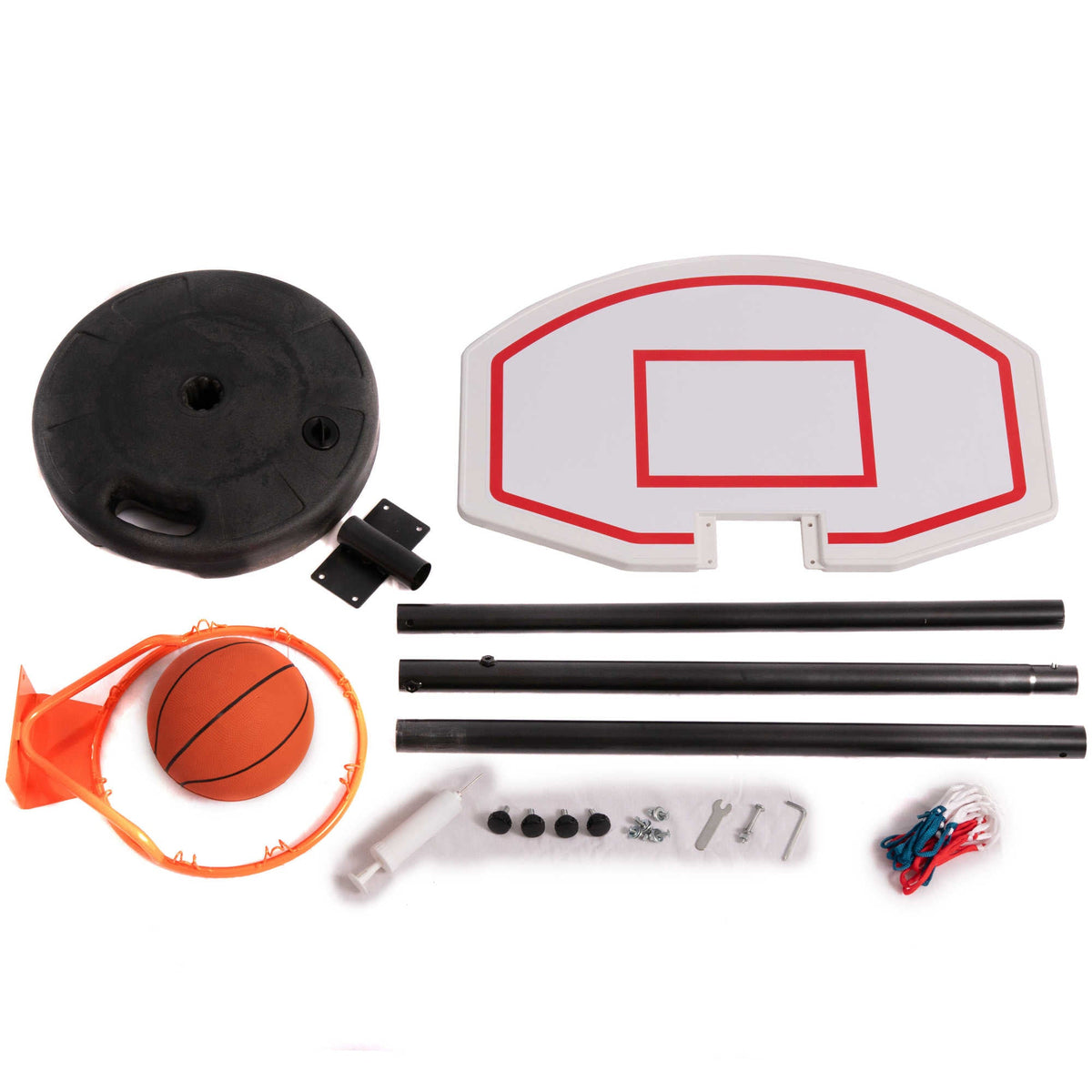 Hathaway Streetball Basketball System - contents: base, backboard, three post sections, rim, ball, pump