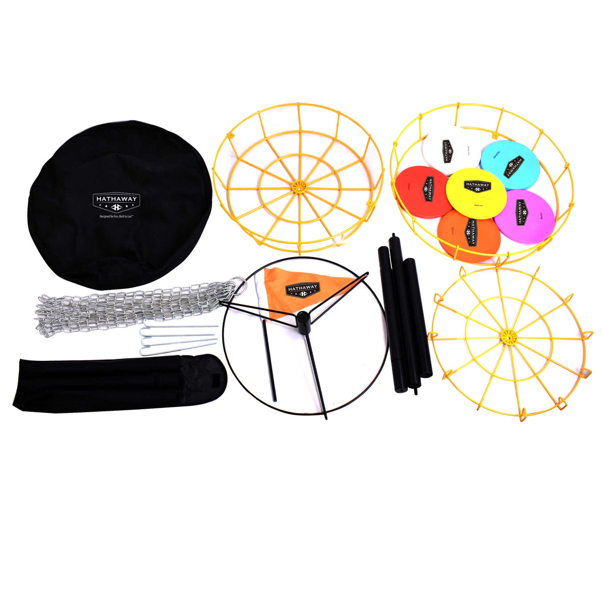 Hathaway Disc Golf Set - full contents: basket rings, chains, poles, flag, discs and storage bags