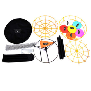 Hathaway Disc Golf Set - full contents: basket rings, chains, poles, flag, discs and storage bags