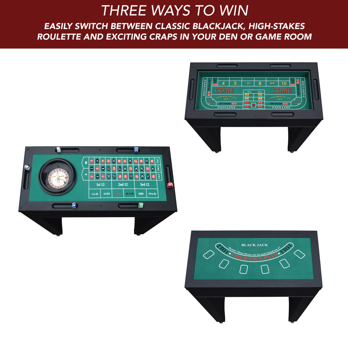 Hathaway Monte Carlo Casino Table - the three layouts: roulette, craps and blackjack