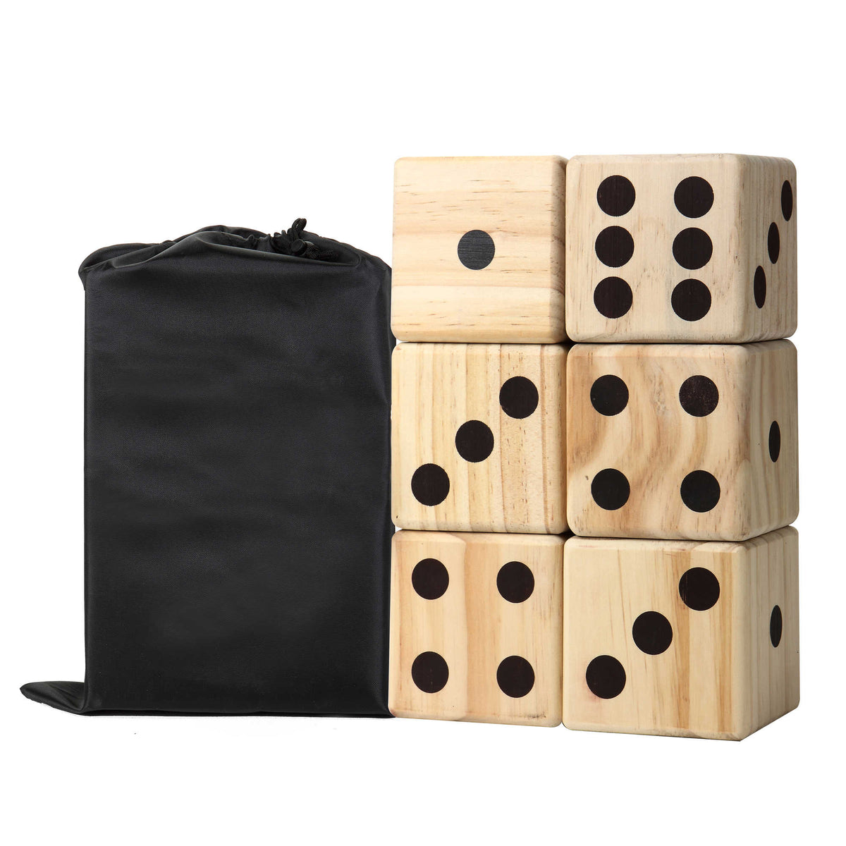 Hathaway High Roller Yard Dice - dice stacked two wide beside the black storage bag