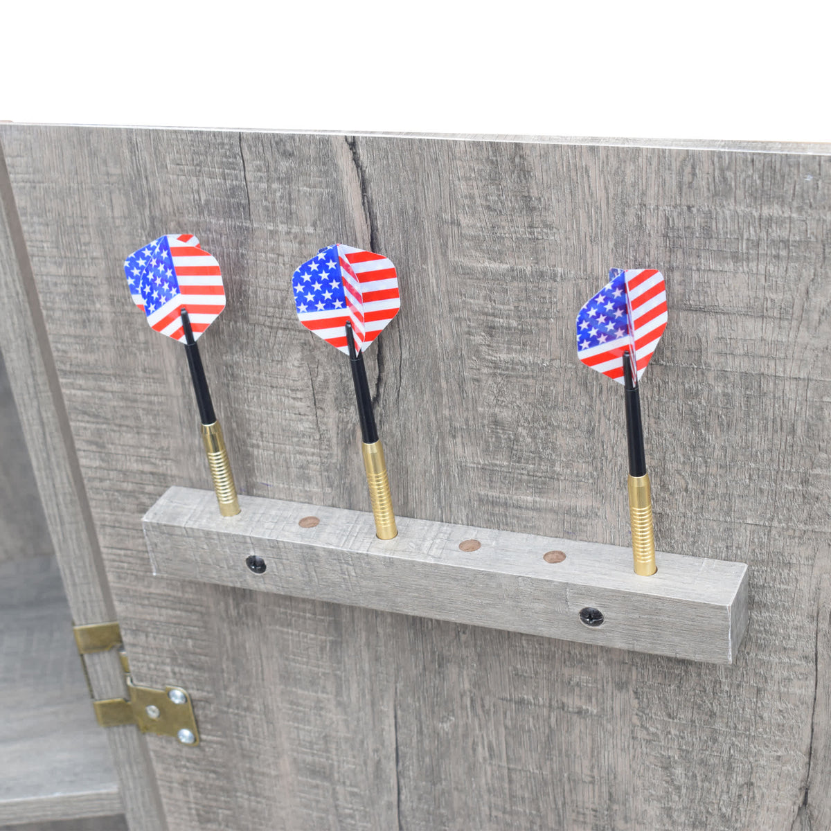 Hathaway Westwood Dartboard Cabinet - three Stars and Stripes darts in the opposite door holder