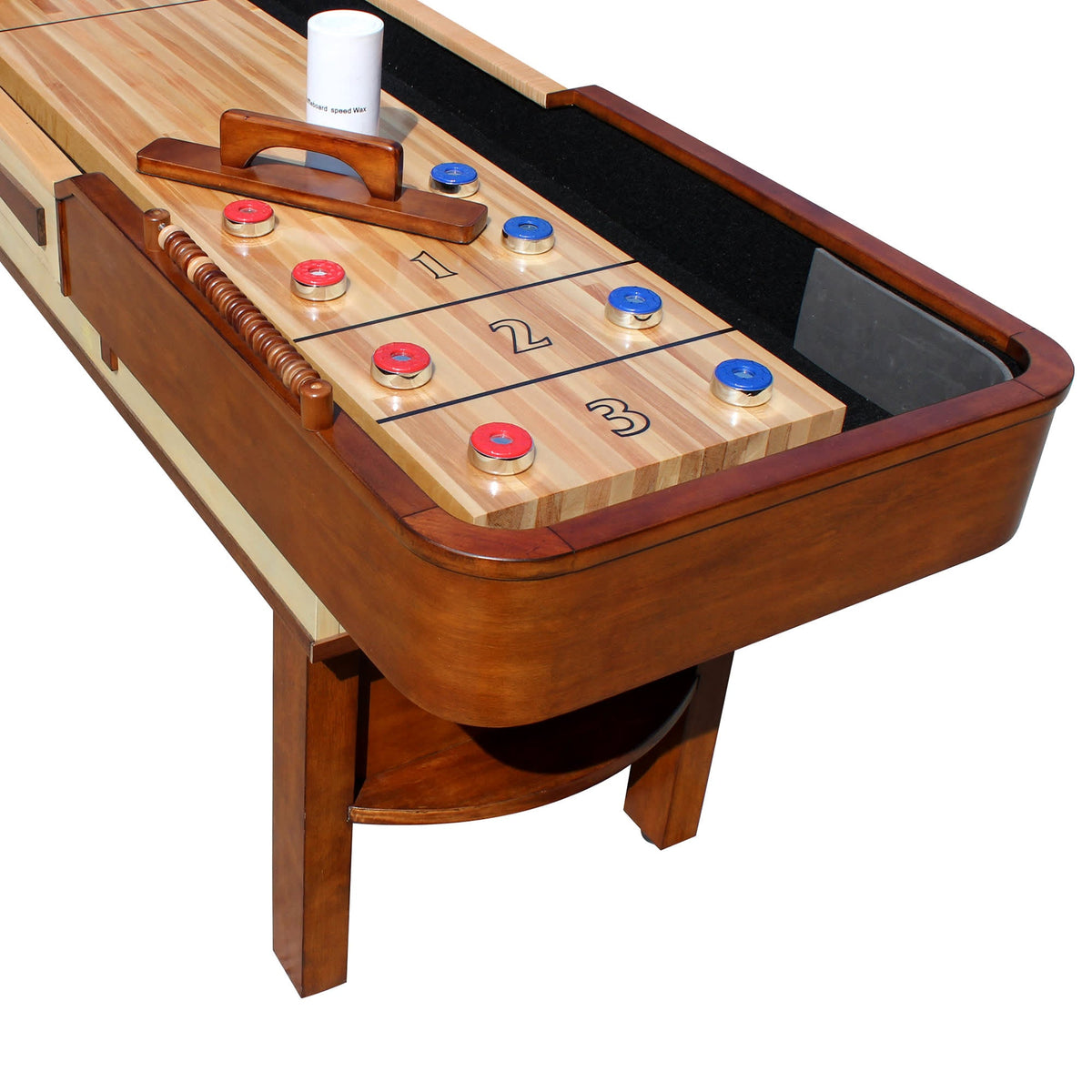 Blue Wave Merlot Shuffleboard Table - playfield with weights, wax and the climate-adjuster rail
