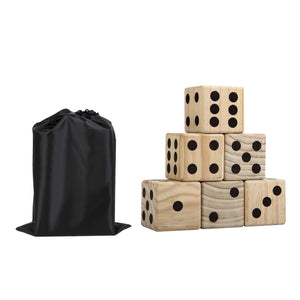 Hathaway High Roller Yard Dice - six dice stacked in a pyramid beside the drawstring bag