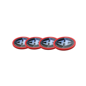 Hathaway Air Hockey Pucks, Red - the four 3-in pucks lined up showing the printed crest